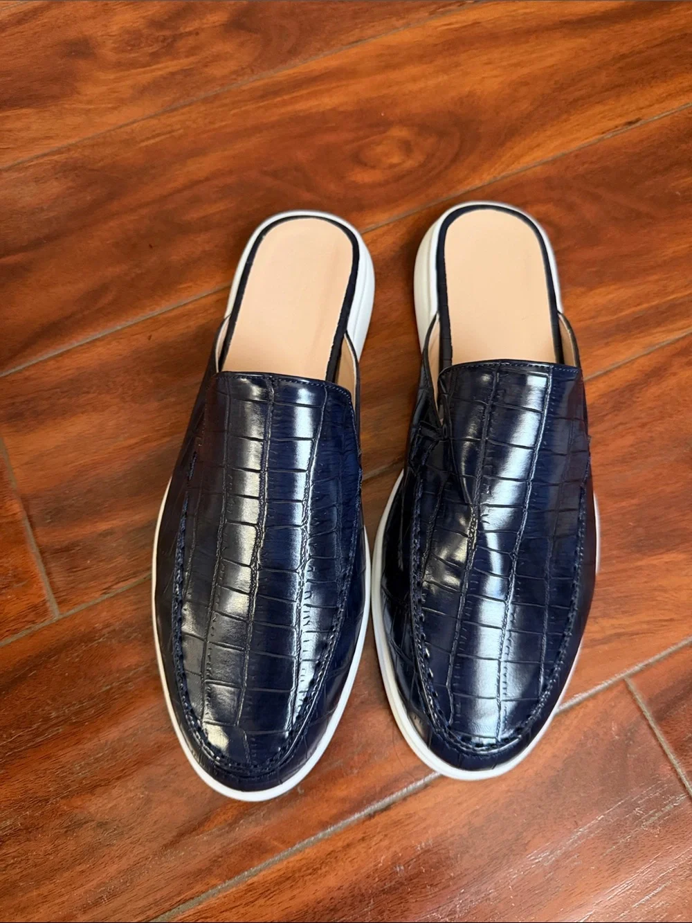Men's Navy Croc-Embossed Leather Slip-On Mules
